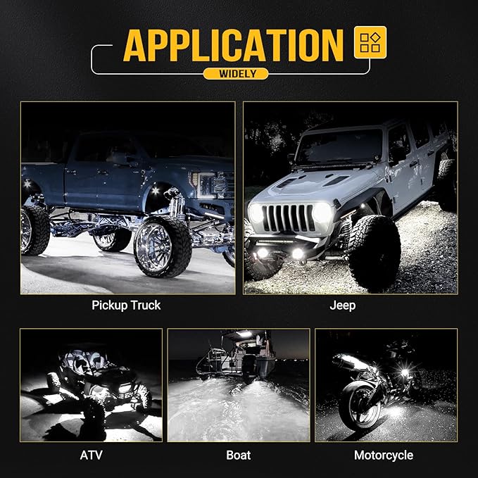 Hovano 12Pods Alloy White Rock Lights Kits with Extension Wires,6000K Pure White Color 42 LED Super Bright Chips IP68 Waterproof Underglow Kit for Pickup Off Road Trucks SUV ATV UTV Golf Car Boat
