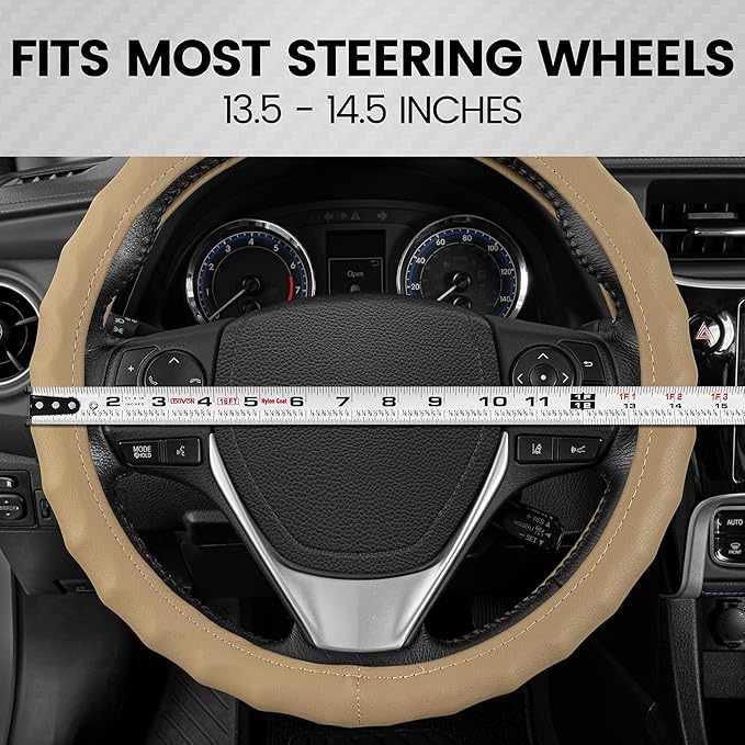 BDK Genuine Beige Leather Steering Wheel Cover for Car, Small 13.5-14 inch – Ergonomic Comfort Grip for Men & Women, Car Steering Wheel Cover for Vehicles with Small Steering Wheel