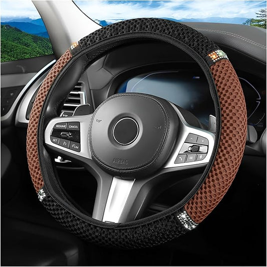 Bling Car Steering Wheel Cover, 15 Inch Crystal Rhinestones Elastic Stretch Breathable Vehicle Steering Wheel Protector for Women Girls, Universal Auto Interior Accessories (Black Coffee)