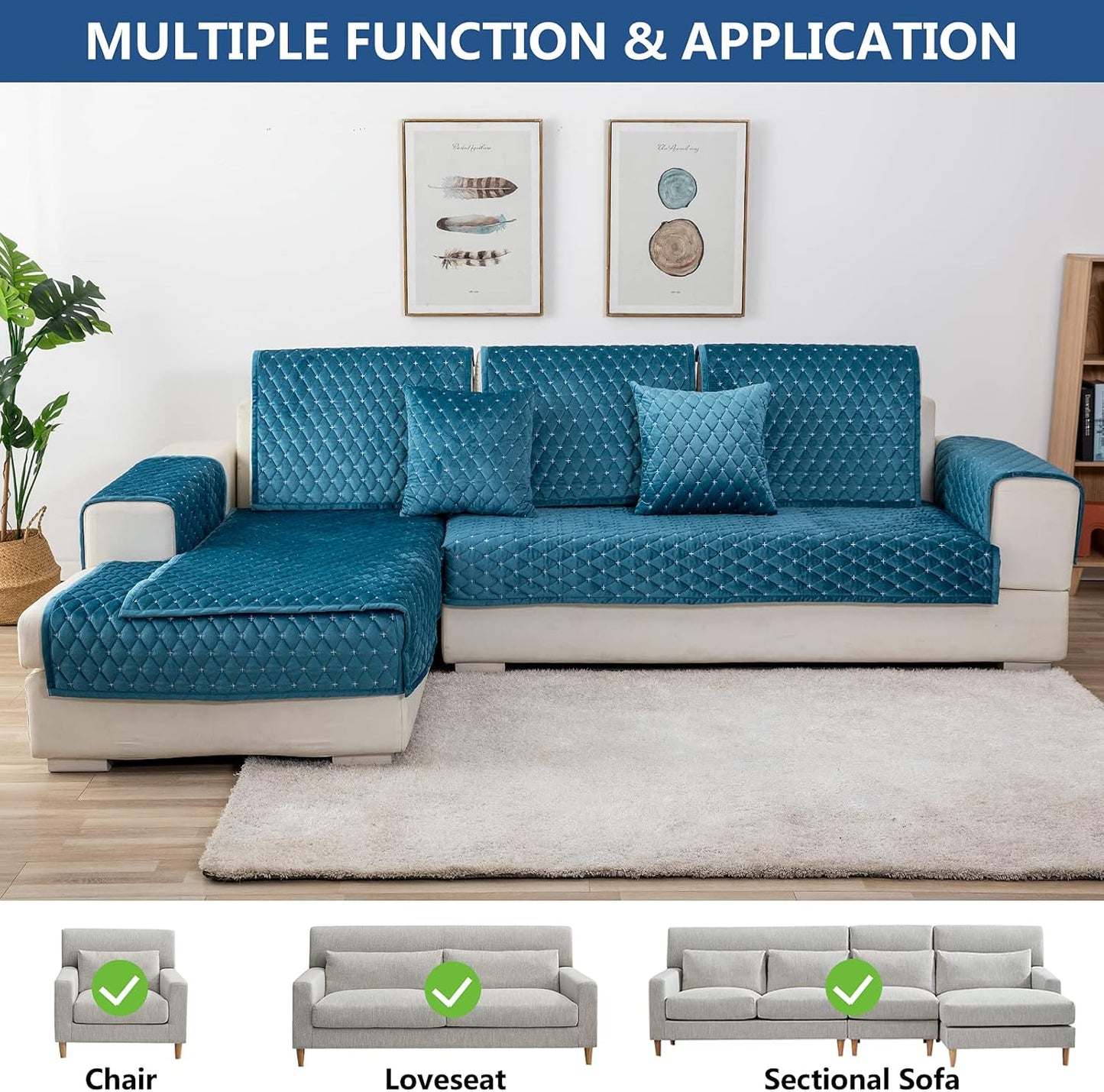 Eismodra Couch Cover,Sectional Couch Covers,Sofa Covers for 3 Cushion Couch,Anti-Slip Sofa Slipcovers for Dogs Cats Kids Loveseat Recliner L Shaped Armrest Backrest,Blue 36''x70''(Only 1 Piece)