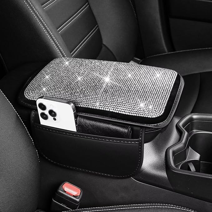 Bling Center Console Cover Fit for Toyota Land Cruiser with 2 Storage Bags Fully Diamond-Studded Style Center Console Armrest Cover with Total Protection(Silver Diamond)