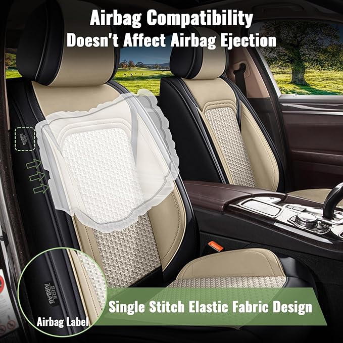 Car Seat Covers Front Seats for Subaru Outback 2010-2025 2026, Breathable Cooling Ice Silk Leather Car Seat Covers, 2 Seats Vehicle Seat Protector Seat Cushion Auto Accessories (Black&Beige)