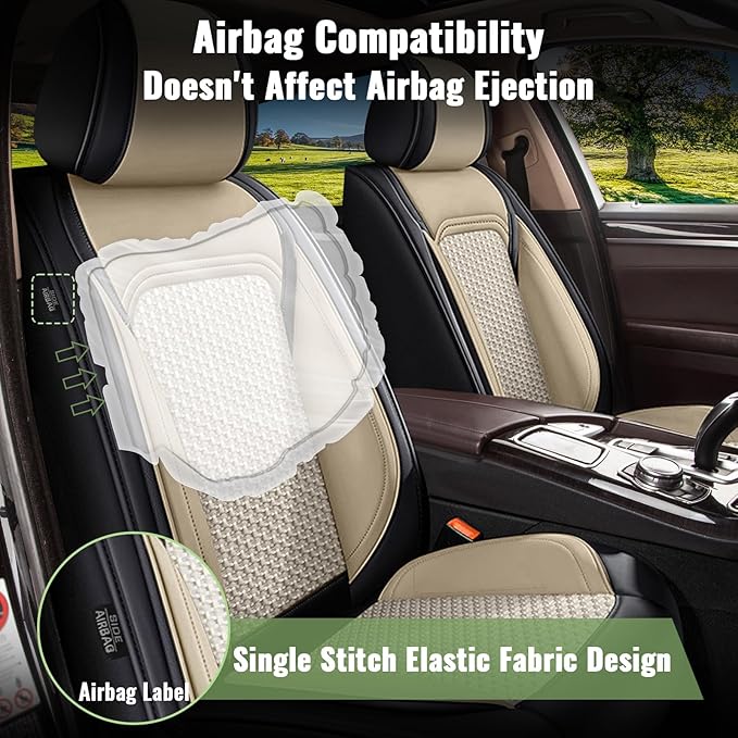 Car Seat Covers Full Set for Acura TSX 2009-2014, Breathable Cooling Ice Silk Leather Car Seat Covers, 5 Seats Vehicle Seat Protector Seat Cushion Automotive Accessories (Black&Beige)