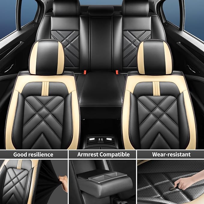 Car Seat Covers Fit for Mazda 3 2007-2026, Premium Leather, Full Coverage Leather Waterproof Breathable Seat Covers, Automotive Seat Protectors, Airbag Compatible(Full Set Seats, Black Beige)