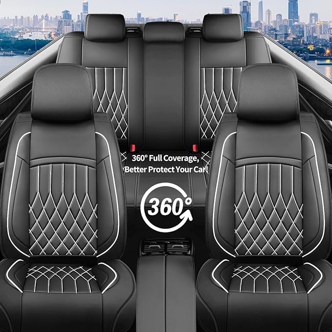 Fit Elantra Car Seat Covers for Hyundai Elantra 2017-2025 2026 - Premium Leather, Waterproof, All-Weather, Airbag Compatible, Anti-Slip, Breathable, Seat Protectors, Full Set, Whiteline