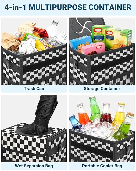 Capolo Car Trash Can with Lid, Leakproof Car Trash Bag Hanging Waterproof Automotive Garbage Can with Storage Pockets Mini Vehicle Trash Bin for Back/Front Seat(Black Checkerboard,3 Gallon)