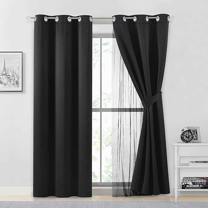 Bujasso Black Blackout Curtain Panels with Sheer Overlay Mix and Match Double Layer Thermal Insulated Window Treatment Set for Bedroom Living Room Black Drapes with Tiebacks Grommet Top 37" Wx63 Lx2
