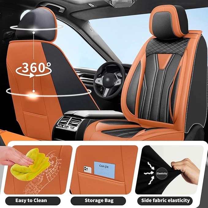 Fit Altima Car Seat Covers Compatible with Nissan Altima 2011-2025 2026 - Premium Leather， Waterproof Breathable， All-Weather Seat Cushion Protecto&Airbag Compatible (2 Front Seat Orange&Black)