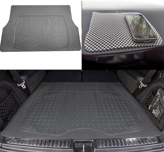 TLH Premium Trimmable Gray Cargo Mat Car Trunk Liner Universal Fit Set w/Gray Dash Pad, Trimmable Automotive Floor Mats, Climaproof™ Floor Mats for Most Sedan, Cars, SUV, Truck Floor Mats.