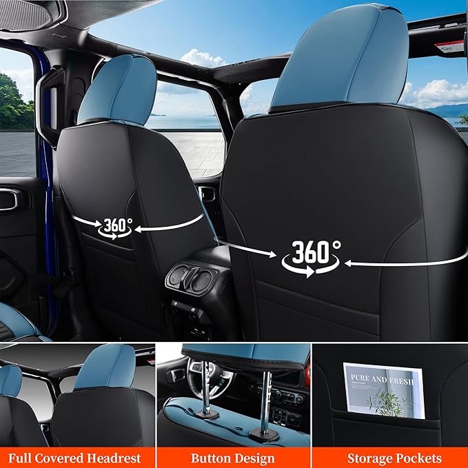 Coverado Wrangler JK Seat Covers for Jeep, Full Coverage Front Waterproof Leather for Cars Automotive Truck Custom Fit for 2008-2012 Jeep Wrangler 2-Door/4-Door (Blue)