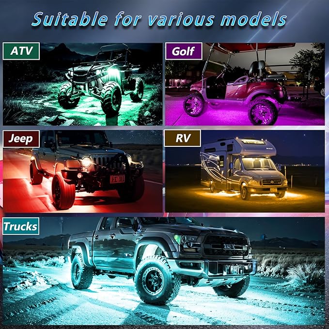 8Pods RGB LED Rock Lights Kit with APP/RF Remote Control Dual Zone Brake, Bright Underglow Multicolor Neon Underbody Light Waterproof 12V for Trucks Pickup Jeep Golf Cart SXS ATV Off Road Vehicles