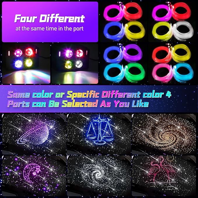 4 Colors 32W Twinkle & Meteor Car Starlight Headliner Kit, 2-in-1 Light Engine 600pcs*0.03in*13.1ft+240 RGBW Fiber Optic Cable Shooting Car Star Roof Lights, Ceiling Star Lights for Car Home Theater