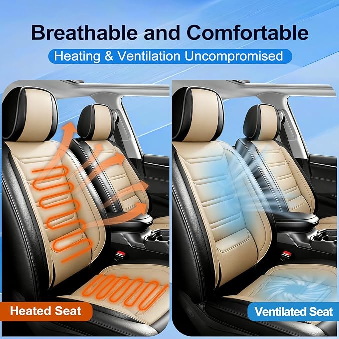 Fit Bolt Car Seat Covers for Select Chevrolet Bolt/Bolt EUV 2017-2025, Premium Full Coverage Leather, Airbag Compatible, Waterproof All Weather Seat Cushion Protector, Front Pair Black+Beige