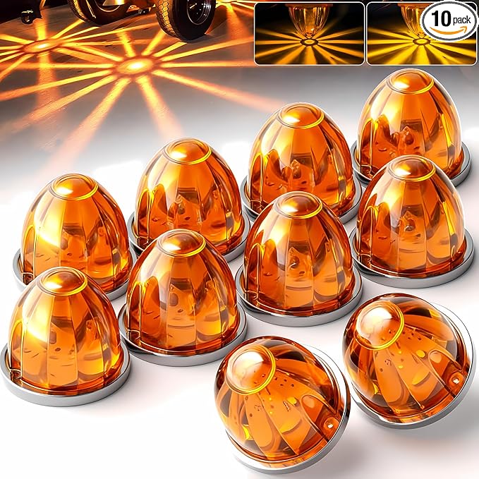 BJZ 10Pcs Amber Watermelon LED Strobe+Constant Marker Lights Dual Function Watermelon-shaped Side Marker Clearance Tail Top Cap Roof Lights for Trailer Truck Semi-trailer Heavy-duty Truck Bus Van