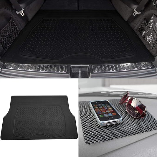TLH Premium Trimmable Black Cargo Mat Car Trunk Liner Universal Fit Set w/Black Dash Pad, Trimmable Automotive Floor Mats, Climaproof™ Floor Mats for Most Sedan, Cars, SUV, Truck Floor Mats.