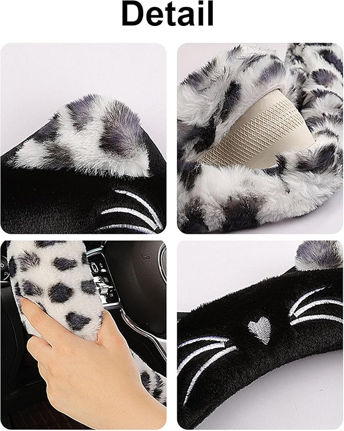 Dotesy 3D Ear Furry Cheetah Car Steering Wheel Cover Set Fluffy Faux Wool Steering Wheel Protector Leopard Anti-Slip Soft Warm Car Accessories for Women (Pink)