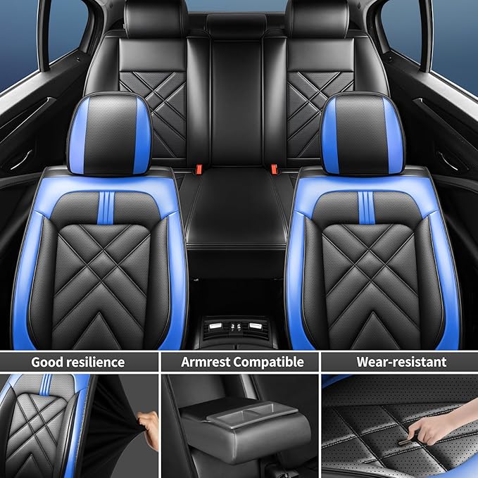 CX-5 Car Seat Covers Custom Fit for Mazda CX-5 2013-2025 2026, Full Coverage Leather Waterproof Breathable Seat Covers, Automotive Seat Protectors, Airbag Compatible(Full Set Seats, Black-Blue)