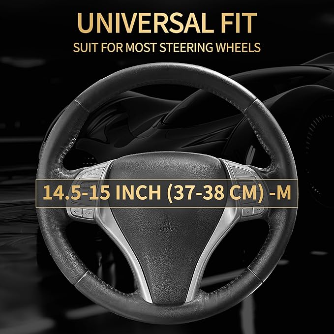 Leather Car Steering Wheel Cover,Anti-Slip, Safety,Soft, Breathable, Heavy Duty,Thick,Full Surround, Sports Style,Universal Car Accessories for Women Men Fit 14" 1/2-15"(Black with Gray line)