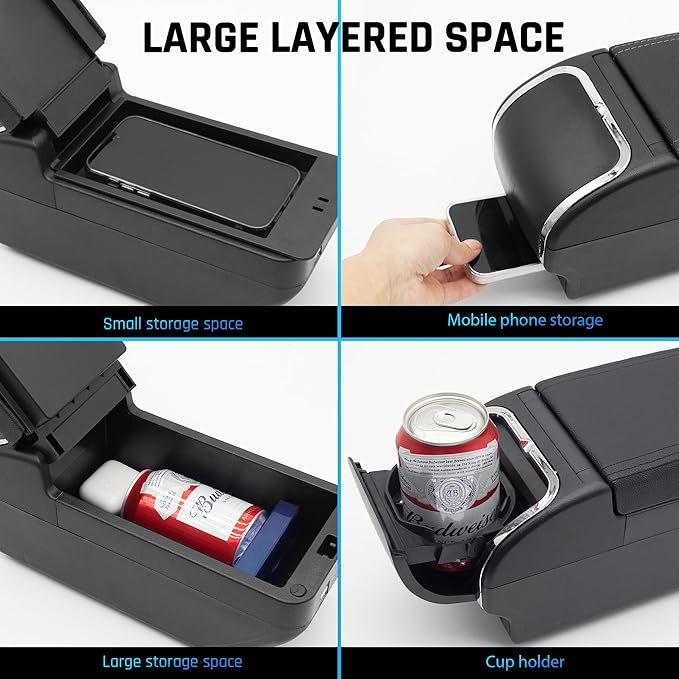 YJYWZH Armrest Box for Nissan Almera Versa 2012-2019 Car Center Storage Box Organizer Interior Hand Centre Consoles with 4 USB Ports Cup Holder Arm Rest Double-Layer Black Accessories