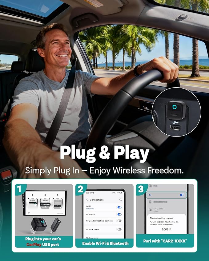 OTTOCAST Mini Pico Wireless CarPlay & Android Auto Adapter, Dual Wireless Conversion, Wi-Fi 6, Bluetooth 5.4, Ultra-Compact, One-Button Phone Switch