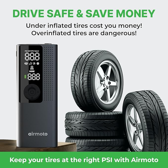 Airmoto Tire Inflator Portable Air Compressor - Air Pump for Car Tires with Digital Pressure Gauge, LED Light and Auto Shut-Off Function - Cordless Pump for Car, Motorcycle, Bicycle, Ball (Pack of 4)