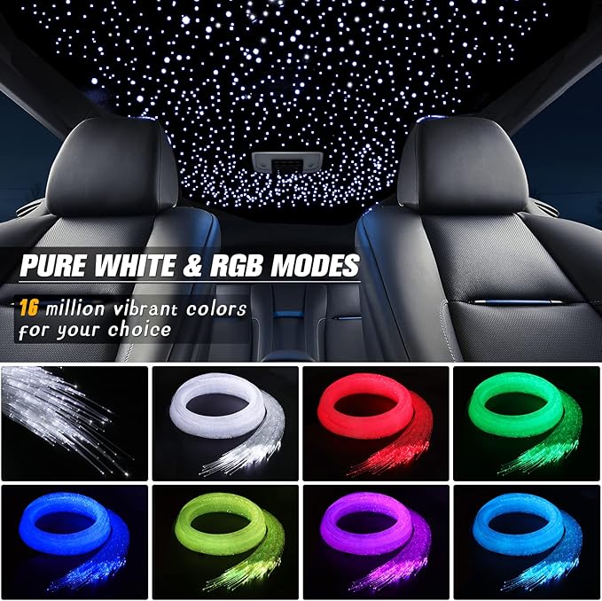 32W Twinkle Starlight Headliner Kit, 800pcs*0.03in*9.8ft LED Fiber Optic Lights Kit, Star Ceiling Light+10 Crystals+Adapter+Car Use Plug for Car Roof/Home with APP/Remote/Music Mode