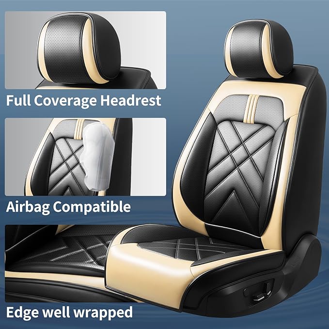 Car Seat Covers Compatible with Mazda 6 2007-2021, Full Coverage Premium Leather Waterproof Breathable Seat Covers, Automotive Seat Protectors, Airbag Compatible(Full Set Seats, Black Beige)
