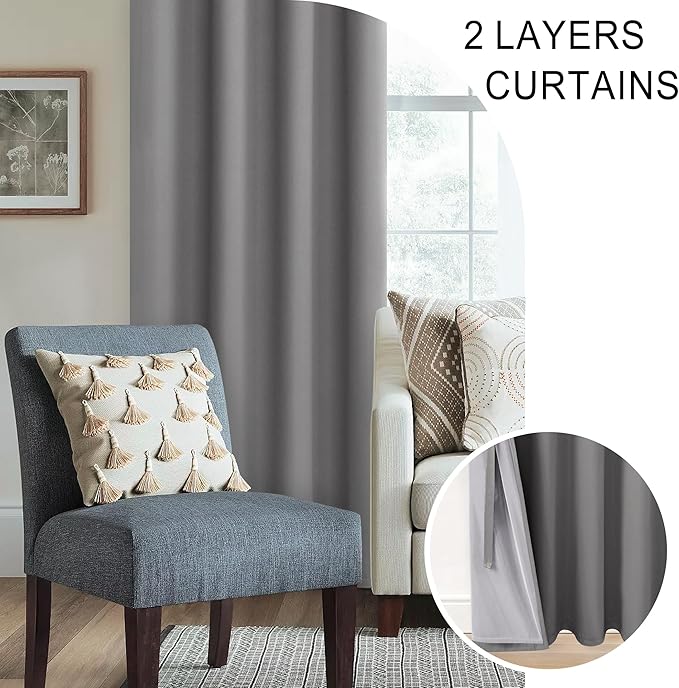 XWZO Blackout Curtains 84 Inches Long with Tiebacks- Full Light Blocking & Energy Efficiency Extra Wide Window Draperies Grommet Top with Black Liner for Bedroom, Grey, W60 x L84, Set of 2