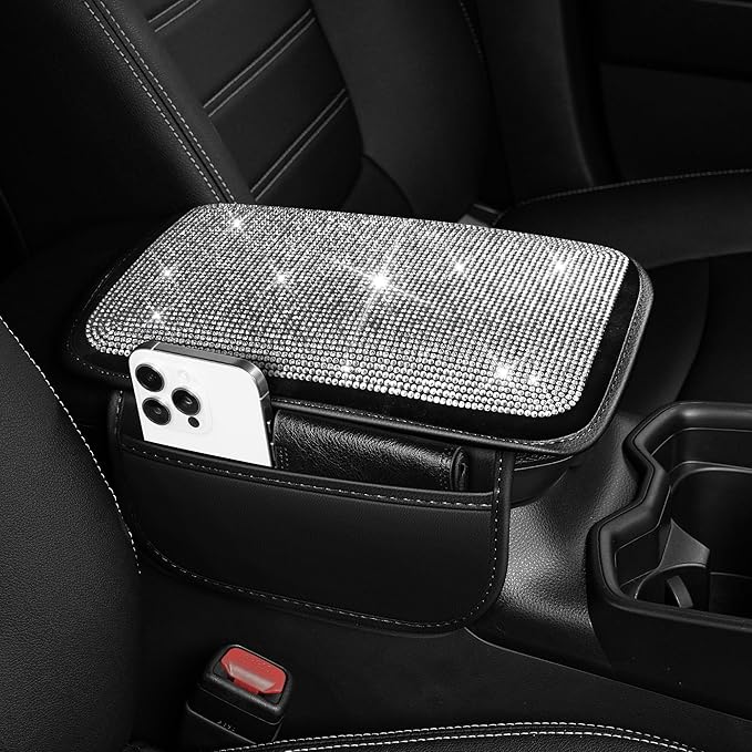 Bling Car Center Console Cover Custom Fit for Jeep Compass - Leather Armrest Cover with 2 Storage Pockets and Crystal Rhinestones(Black)