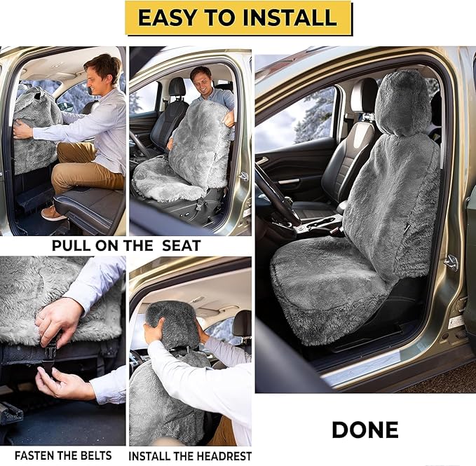 ZONETECH Sheepskin Seat Covers Fuzzy Car Seat Covers Grey Australian Merino Wool Fluffy Fur Auto Accessories All Season Protection for Your Seats Universal Fits Most Car SUV Airbag Compatible 4-Pack