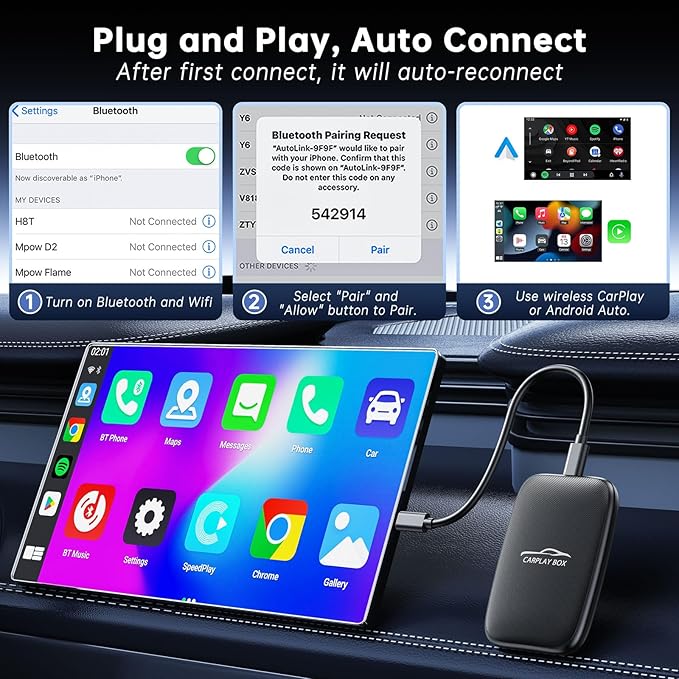 5-in-1 Android Auto Wireless Adapter and Apple CarPlay Adapter, Wireless Carplay Adapter with Netflix YouTube TF Card, Plug & Play, Easy Setup, Magic Video Ai Box for OEM Wired Apple Car Play Cars