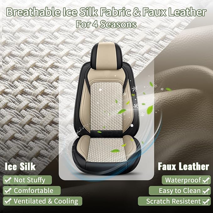 Car Seat Covers Full Set for Honda CR-V CRV 2015-2025 2026-5 Seats- Breathable Cool Ice Silk Leather Seat Covers - Vehicle Seat Cushion (Black&Beige)