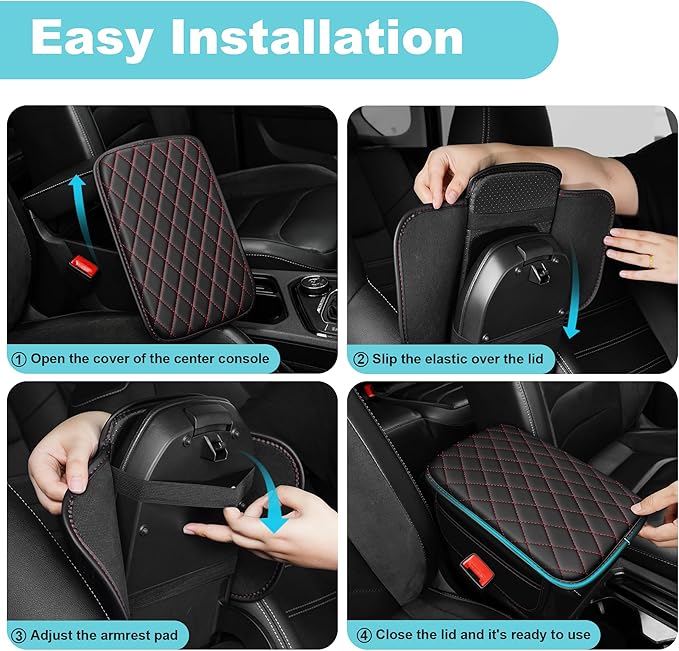 Center Console Cover Fit for Kia Optima 2006-2020 with 2 Storage Bags Waterproof Leather Quilted Pattern Car Armrest Cover Cushion Anti - Slip(Black&Red Line)