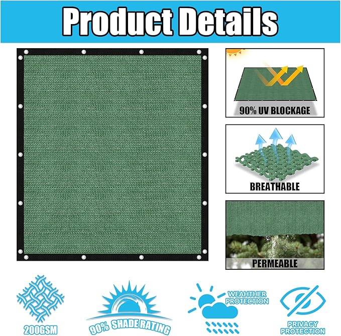 Amagenix 90% Pergola Shade Cover 7' X 7' Sun Shade Cloth with Grommets for Outdoor Garden Patio Porch, Commercial Grade 200 GSM - Cable Zip Ties Included (We Customized) GN108, Green
