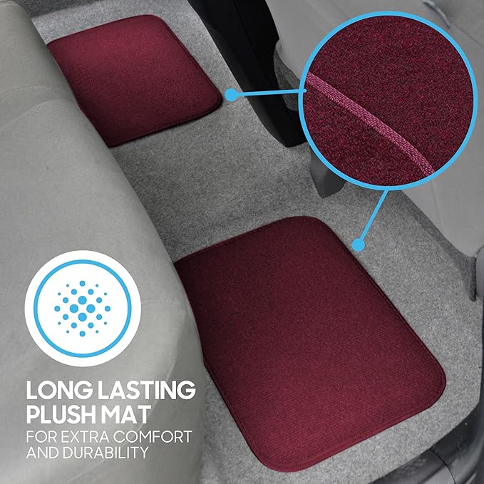 BDK Premium Burgundy Red Carpet Floor Mats for Cars - Universal Fit Interior 4-Piece Car Mats Full Set with Vinyl Heel Pad Protector - Cute Car Accessories Interior Floor Covers for SUVs & Trucks