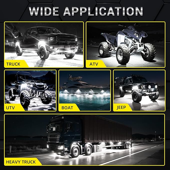 8 Pods Alloy Pure White LED Rock Lights for Truck Offroad ATV UTV RZR SUV Boat, Metal 6500K 24 LEDs White Neon Underglow Light with Switch Extension Harness, Under Trail Rig Fender Lighting