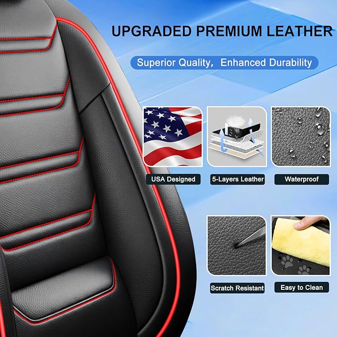 Fit Mazda 3 Car Seat Covers (Front Pair) for Select Mazda 3 2010-2019 - Full Coverage Leather, Airbag Compatible, Waterproof & All Weather Seat Cushion Protector, Black with Red Trim