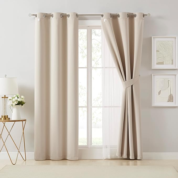 Bujasso Beige 80% Blackout Curtains with Sheer Overlay Mix and Match Double Layer Thermal Insulated Window Panels 63 inch for Living Room Bedroom Beige Drapes with Tiebacks Grommet Top 37" Wx63 Lx2
