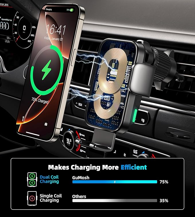 Dual Coil 15W Cup Phone Holder Mount,Wireless Car Charger Auto-Clamping Fast Charging Vent Phone Holders for Your Car for iPhone Series,Samsung Flip S24 S23 S22 Ultra (Black-White)