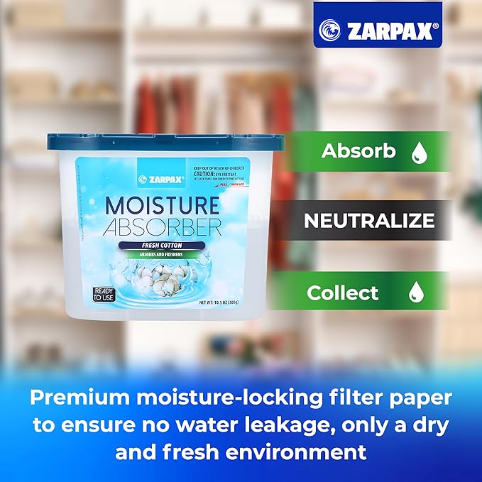 ZARPAX Moisture Absorber Fresh Cotton 10.5 oz/300g | Removes Moisture, Damp & Humidity | Odor Absorber With Fresh Cotton Fragrance | Moisture Trap for Bathroom, Closet, Kitchen | Set of 15