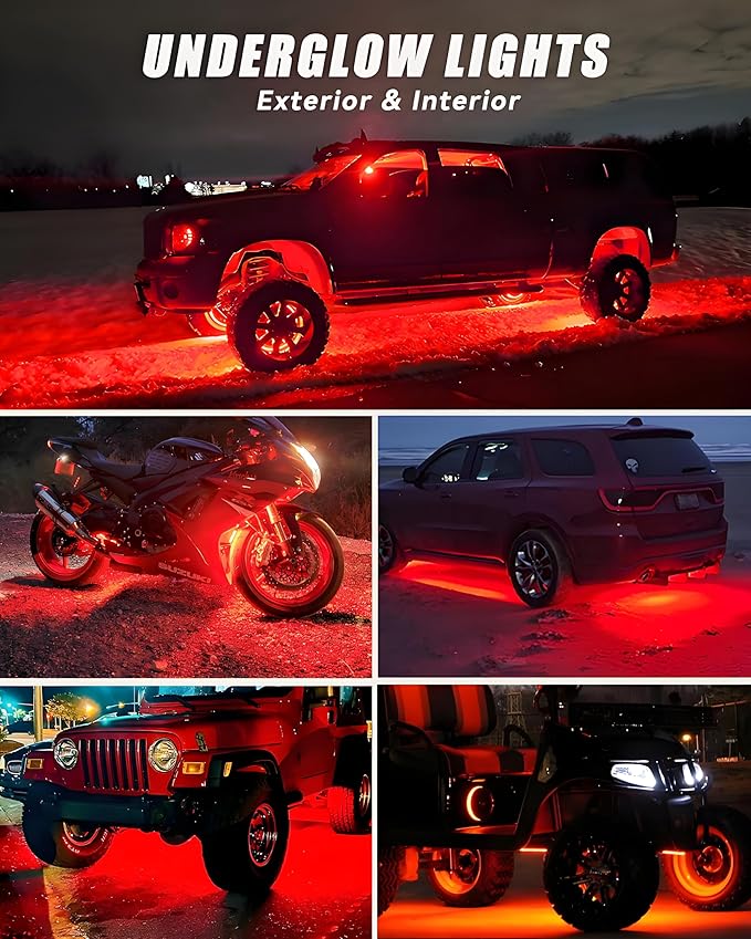 12V Led Light Strip 18" Connectable Red LEDs Strip Lights for Car Motorcycle Golf Cart Automotive Trucks Boat Marine Waterproof Led Light Strip, 4Pack