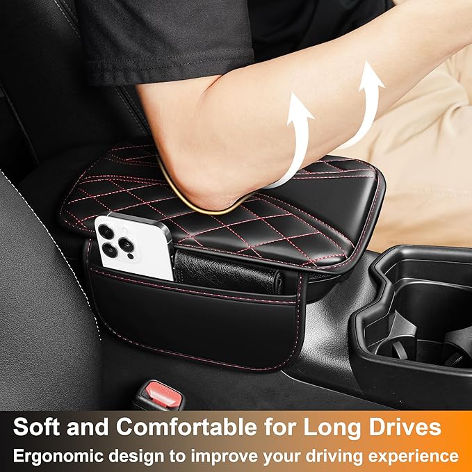 Car Center Console Cover Fit for Jeep Grand Cherokee L - Leather Armrest Covers with 2 Storage Pockets(Black&Red)