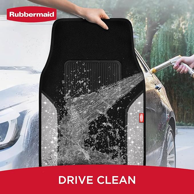 Rubbermaid Bling Car Mats, Carpeted Floor Car Mat with Faux Leather & Built-in Heel Pad, Two-Tone Car Rug Floor Mats, Stylish Carpeted Floor Mats for Cars, Trucks & SUVs Glitter Sliver Color