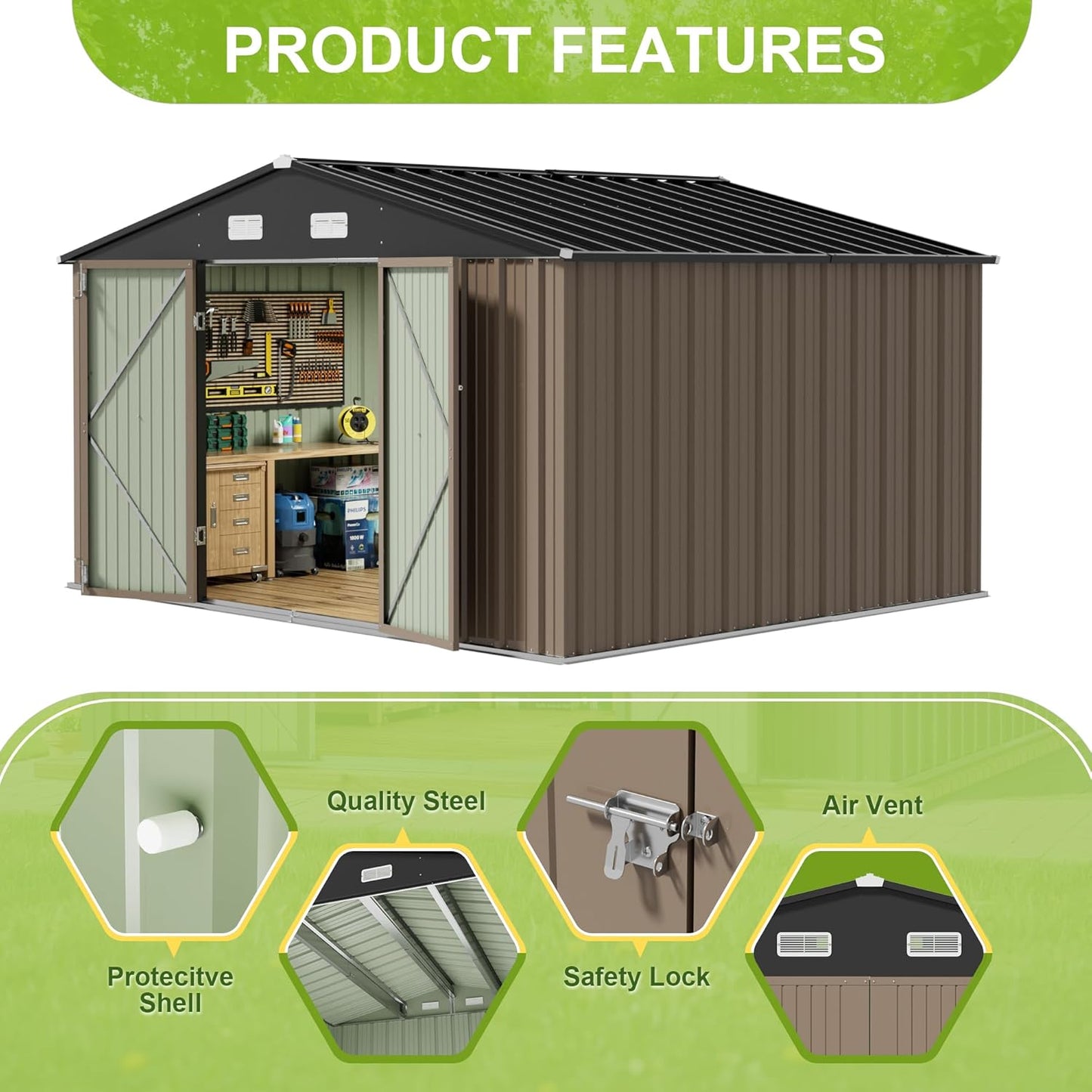 JUMMICO 10 x 10 FT Outdoor Storage Shed, Large Metal Garden Shed & Tool Sheds for Backyard Garden Patio Lawn (Brown)