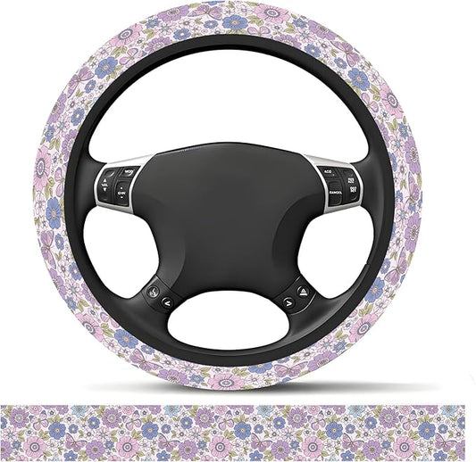 Elastic Car Steering Wheel Cover, Universal 15 inch Non-Slip Breathable Neoprene Steering Wheel Protector, Car Accessories for Women Men Fit Auto, Suvs, Truck Purple Flowers