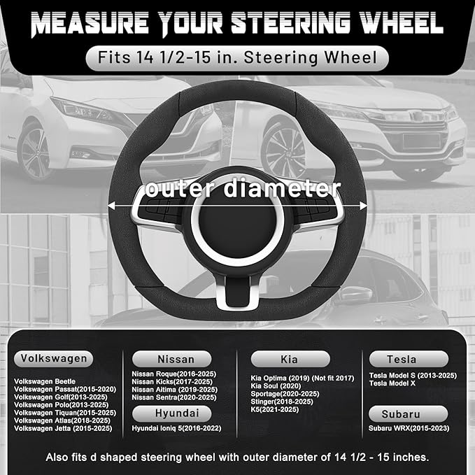 SEG Direct Flat Bottom Steering Wheel Cover Breathable, D Shaped Car Wheel Cover 14 1/2-15 in. (37-39 cm), Black Beige Microfiber Leather