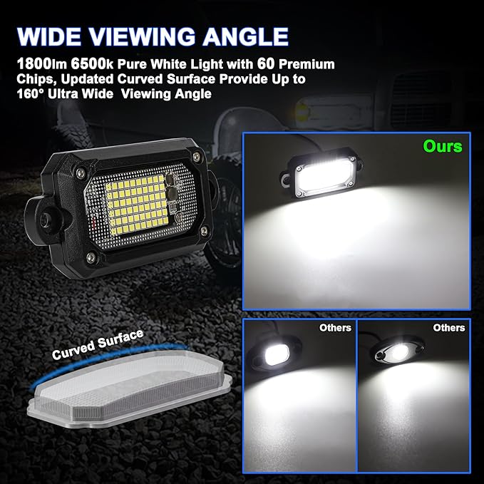 Rock Lights for Trucks 60 Chip 6500K 4pcs Pure White Underglow Lights for Jeep UTV ATV SUV Cars with 15FT Wire Harness, Aluminum Housing