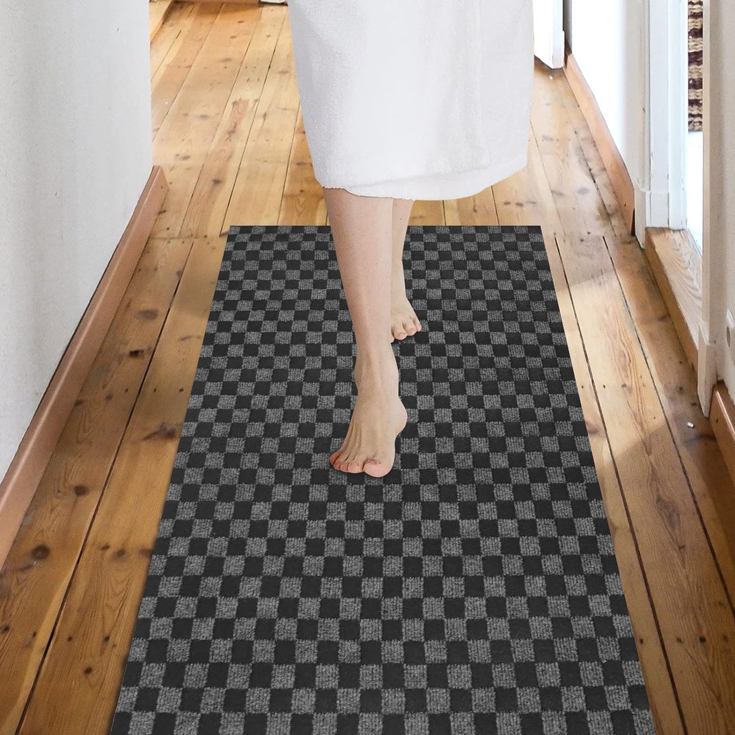 Custom Size Backed Non-Slip Area Rugs Runner, Easy Clean, Waterproof Runner Rugs for Hallway Entryway, Kitchen, Laundry, 2FT x 51FT, Gray Checkered