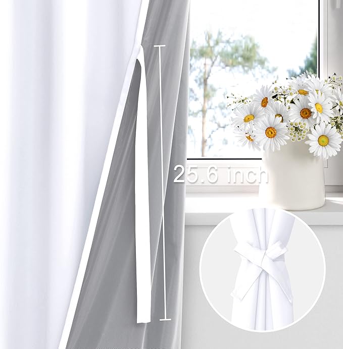 XWZO White 100% Blackout Curtains - Heat and Full Light Blocking Drapes with Black Liner for Bedroom/Laundry Room, Grommet Top Window Panels with Tiebacks, White, W42 x L63, Set of 2