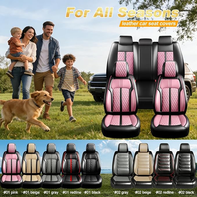 Fit Blazer Car Seat Covers for Select Chevrolet/Chevy Blazer 2019-2026, Premium Full Coverage Leather, Airbag Compatible, Waterproof All Weather Seat Cushion Protector, Full Set, Black+Pink